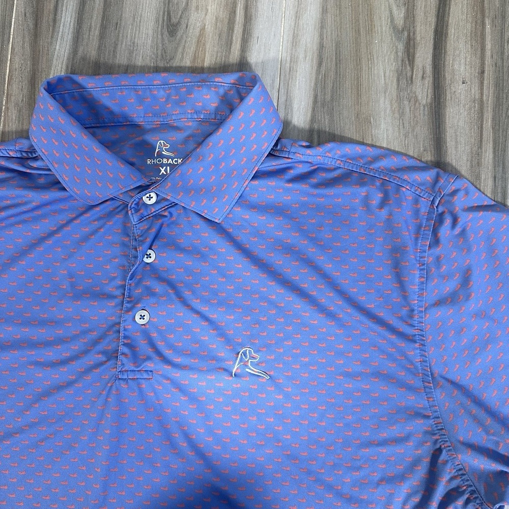 Rhoback Mens Performance Polo Shirt Blue Pink AOP Golf Top XL Casual